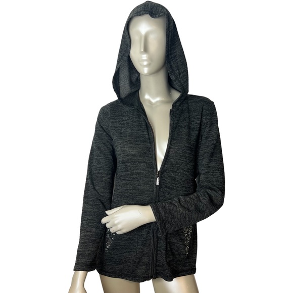 On Que Casuals Charcoal Heather Gray Zip up Hoodie with Rhinestone front pockets - Picture 3 of 11